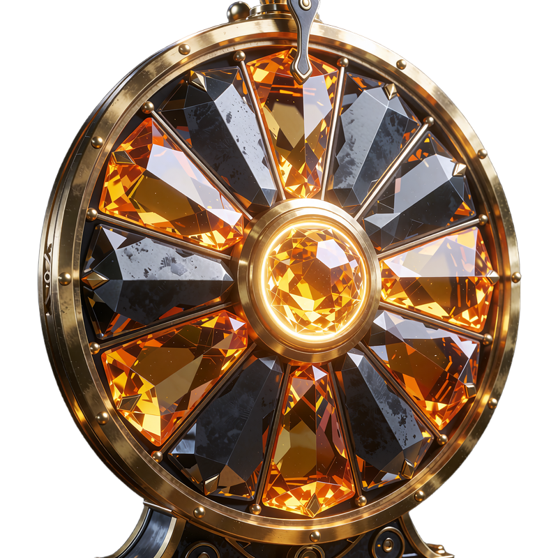 Pr&aelig;miehjul i messing med tolv felter af gunmetal og rav, der illustrerer Lucky Spins hos JB Casino